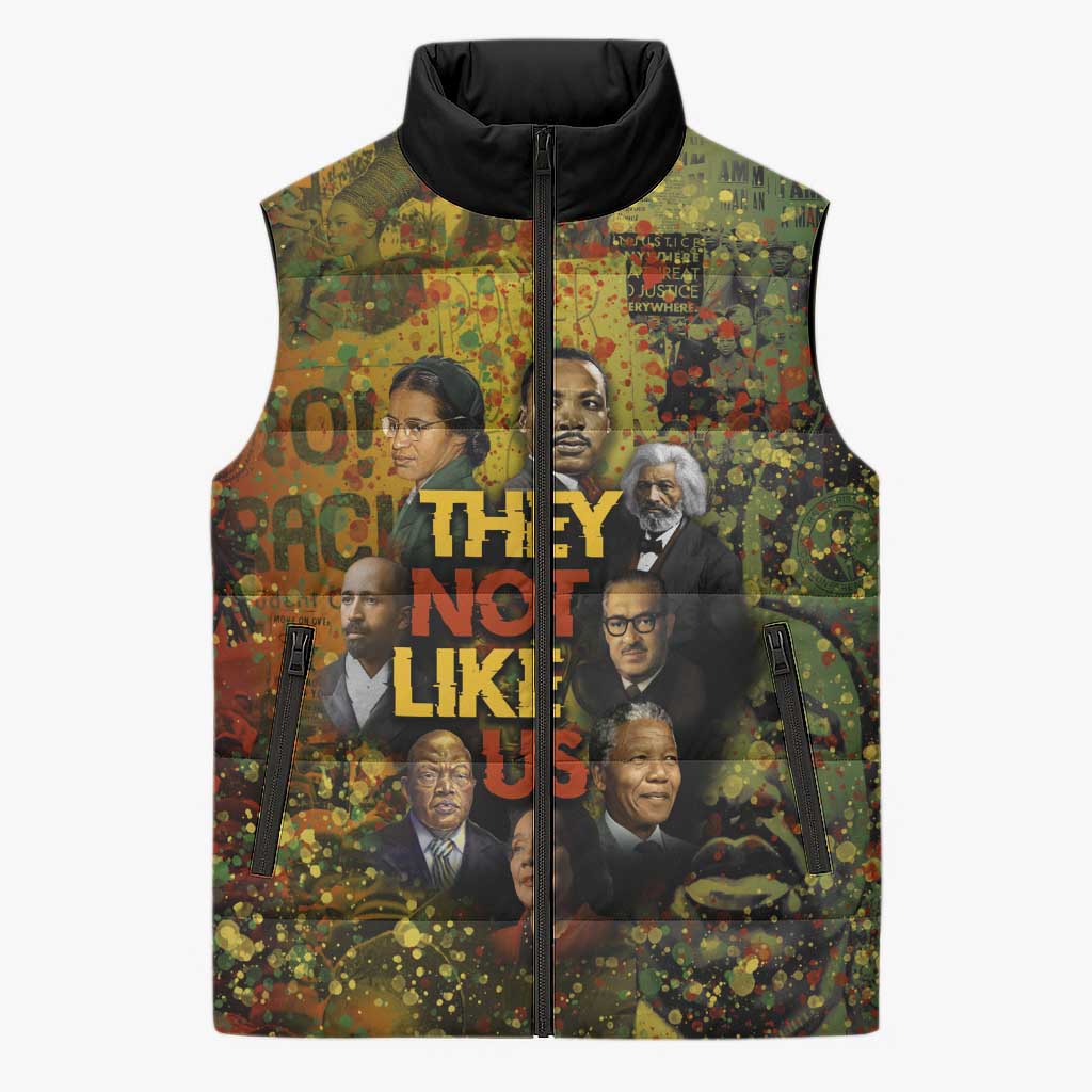 Black History Portrait Collage Sleeveless Puffer Jacket Africa Empowering They Not Like Us Quote in Grunge Paint - Wonder Print Shop