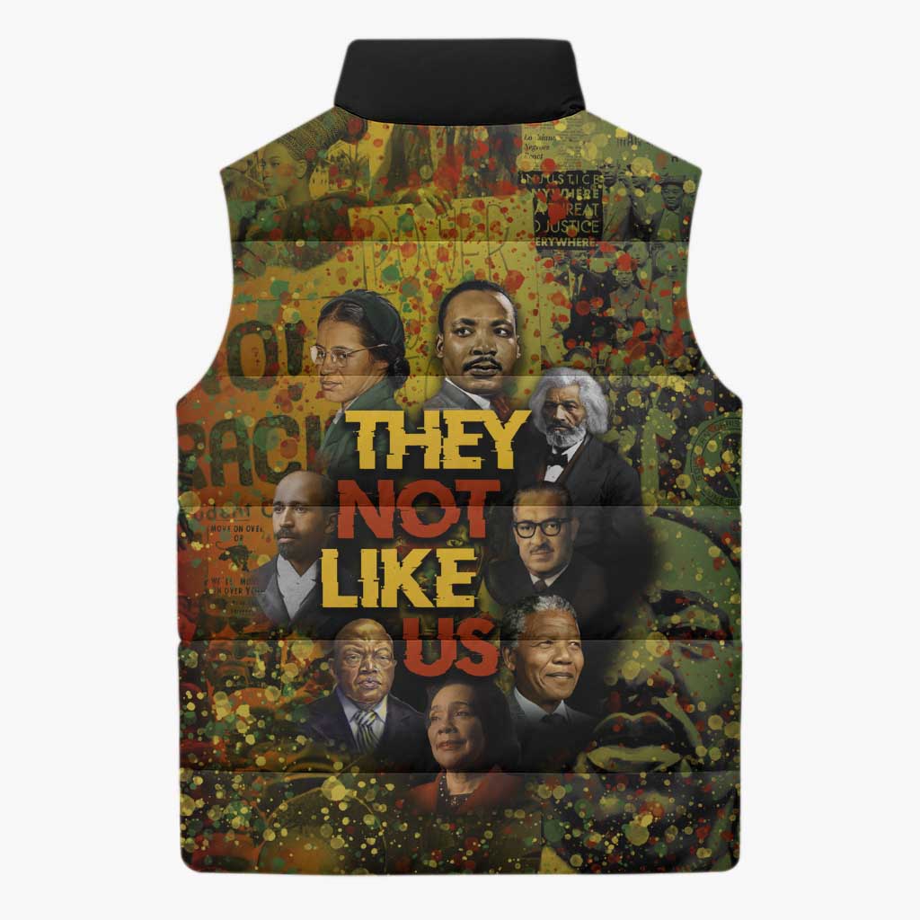 Black History Portrait Collage Sleeveless Puffer Jacket Africa Empowering They Not Like Us Quote in Grunge Paint - Wonder Print Shop