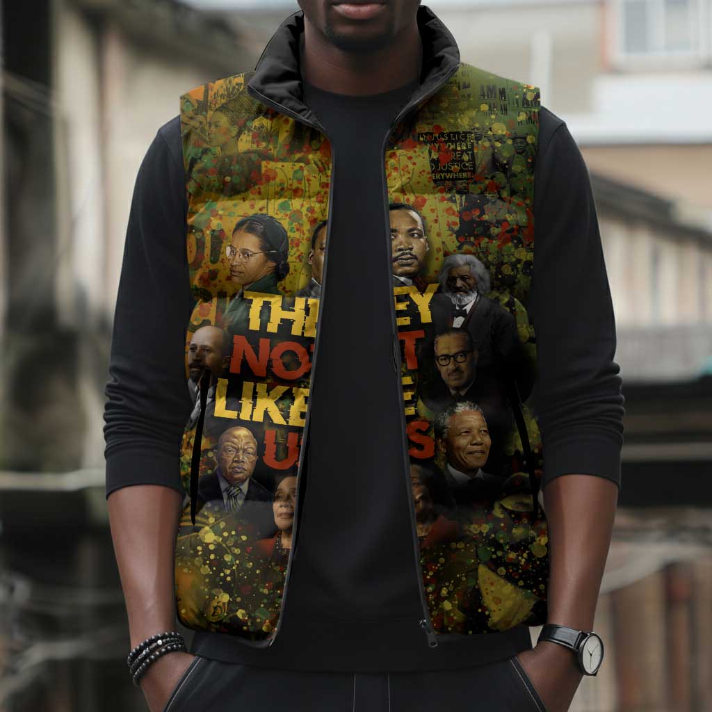 Black History Portrait Collage Sleeveless Puffer Jacket Africa Empowering They Not Like Us Quote in Grunge Paint - Wonder Print Shop