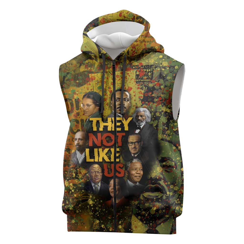 Black History Portrait Collage Sleeveless Zip Hoodie Africa Empowering They Not Like Us Quote in Grunge Paint - Wonder Print Shop