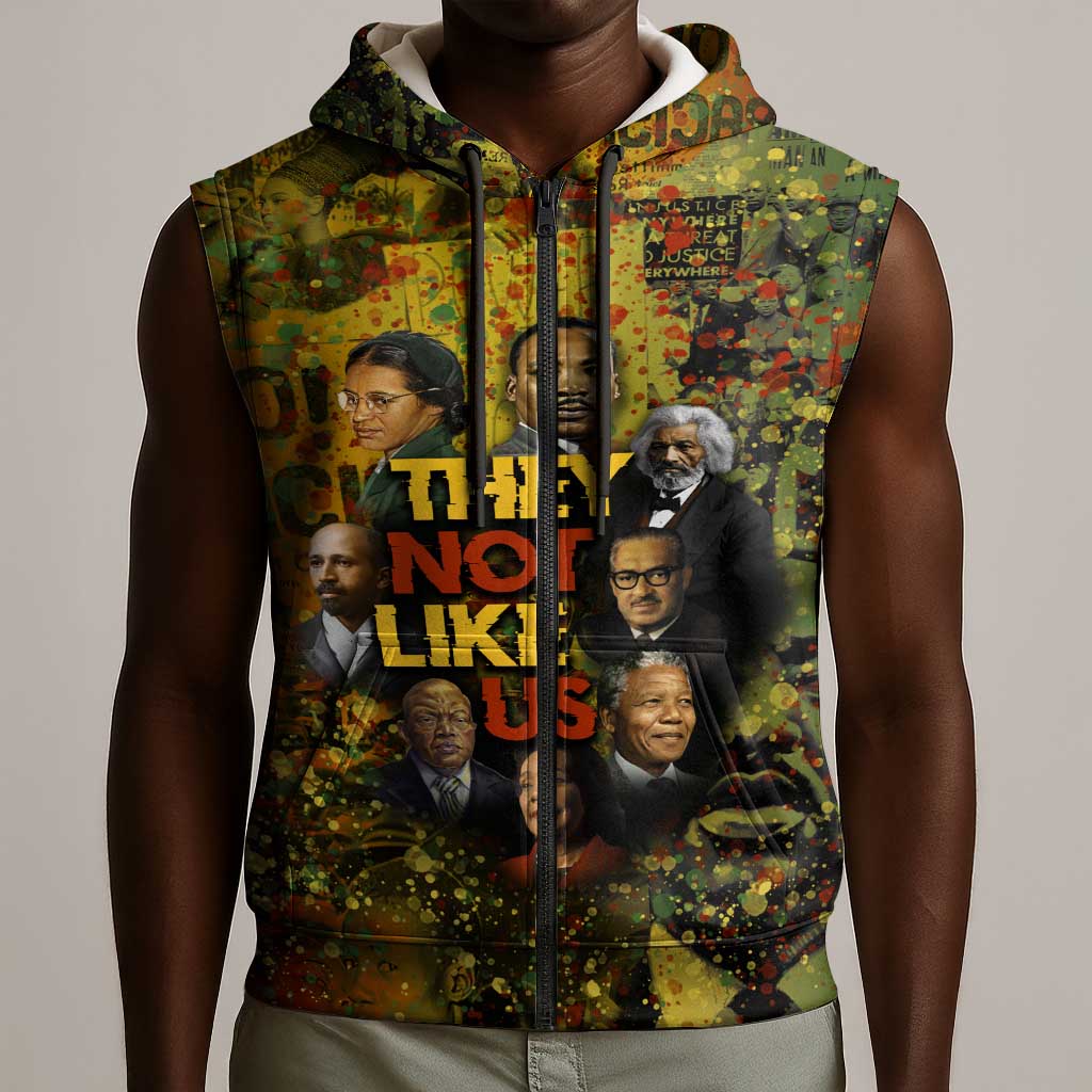 Black History Portrait Collage Sleeveless Zip Hoodie Africa Empowering They Not Like Us Quote in Grunge Paint - Wonder Print Shop