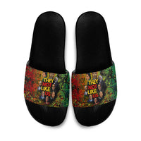 Black History Portrait Collage Slide Sandals Africa Empowering They Not Like Us Quote in Grunge Paint - Wonder Print Shop