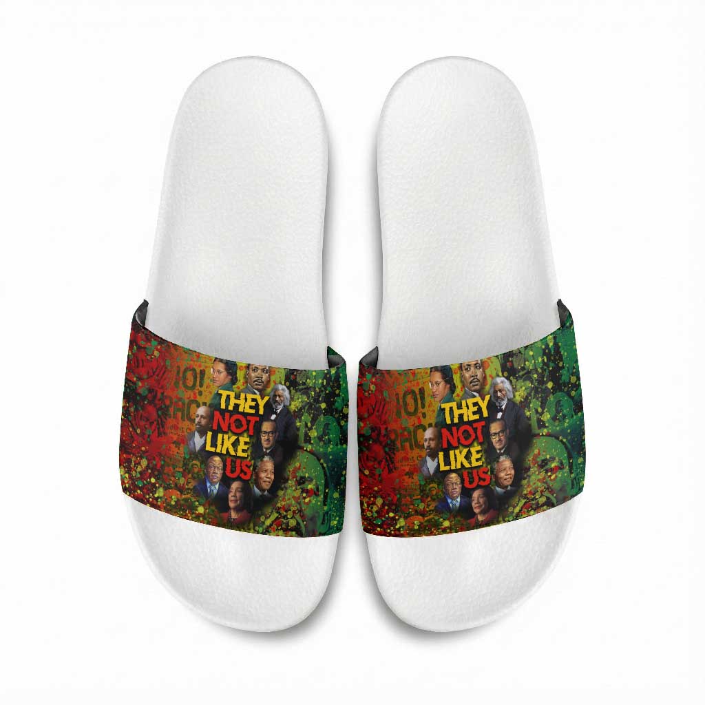 Black History Portrait Collage Slide Sandals Africa Empowering They Not Like Us Quote in Grunge Paint - Wonder Print Shop