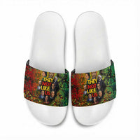 Black History Portrait Collage Slide Sandals Africa Empowering They Not Like Us Quote in Grunge Paint - Wonder Print Shop