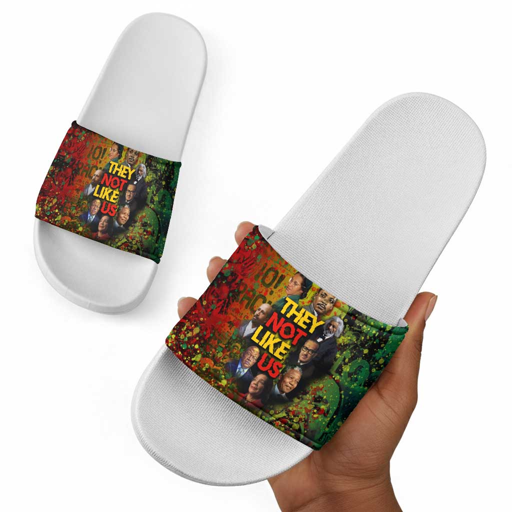 Black History Portrait Collage Slide Sandals Africa Empowering They Not Like Us Quote in Grunge Paint - Wonder Print Shop