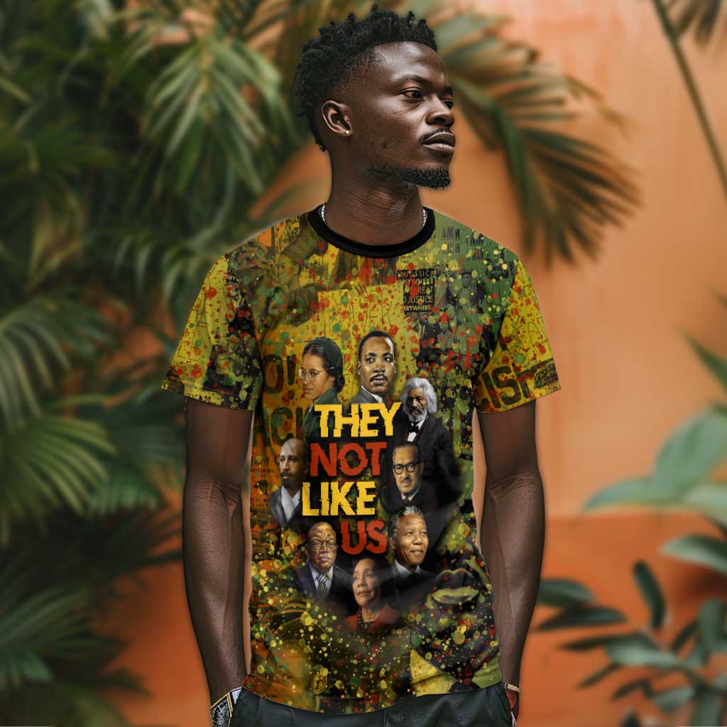 Black History Portrait Collage T shirt Africa Empowering They Not Like Us Quote in Grunge Paint - Wonder Print Shop