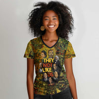 Black History Portrait Collage Women V-Neck T-Shirt Africa Empowering They Not Like Us Quote in Grunge Paint - Wonder Print Shop