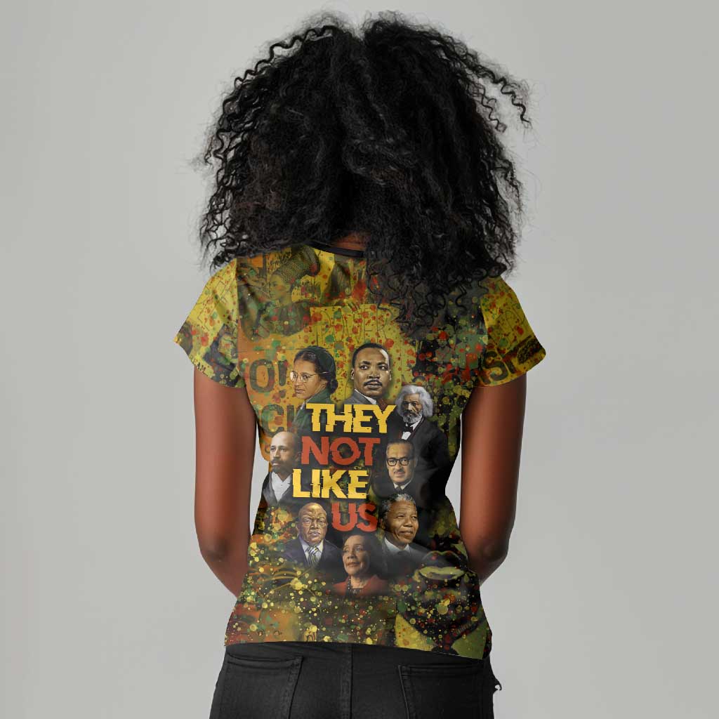 Black History Portrait Collage Women V-Neck T-Shirt Africa Empowering They Not Like Us Quote in Grunge Paint - Wonder Print Shop