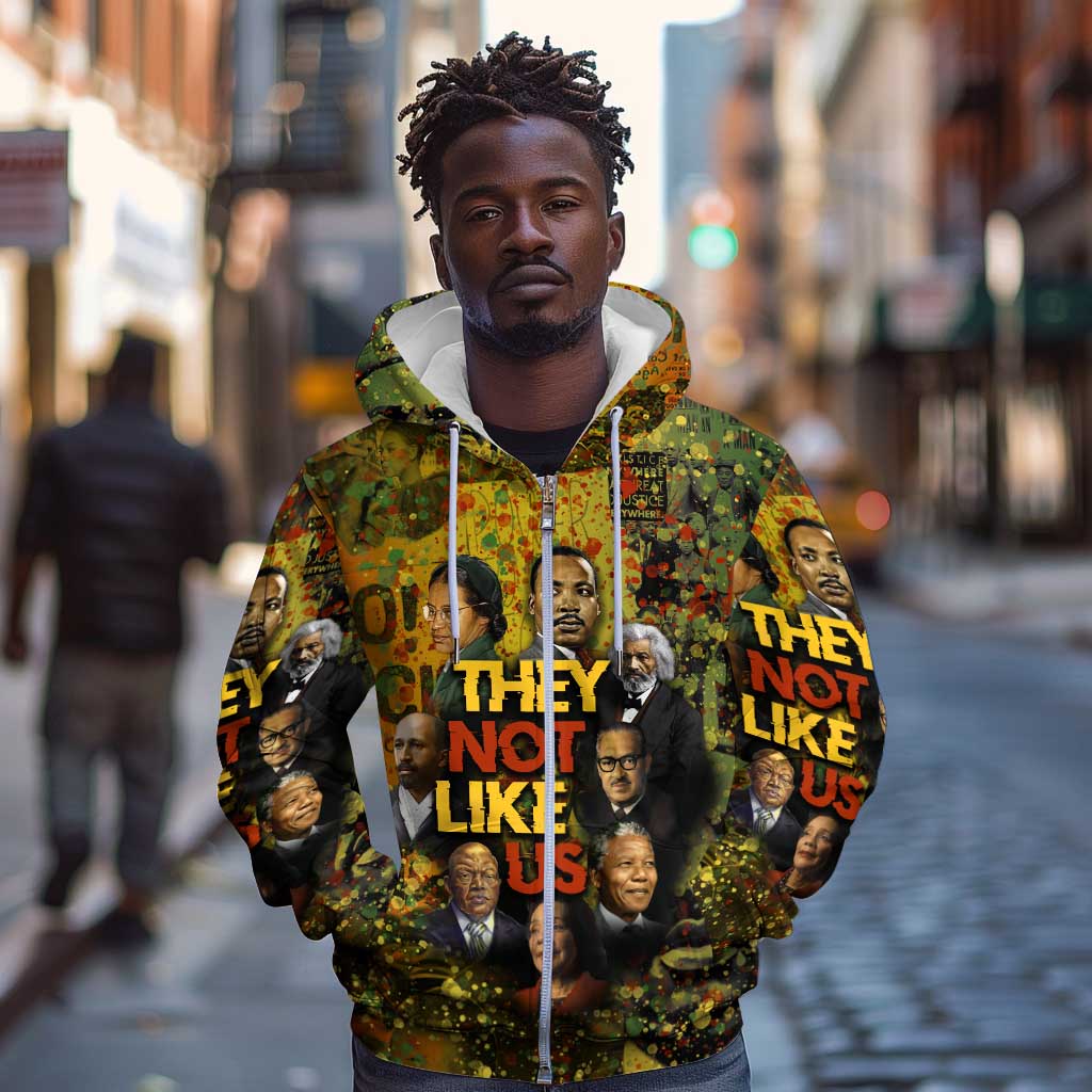 Black History Portrait Collage Zip Hoodie Africa Empowering They Not Like Us Quote in Grunge Paint - Wonder Print Shop