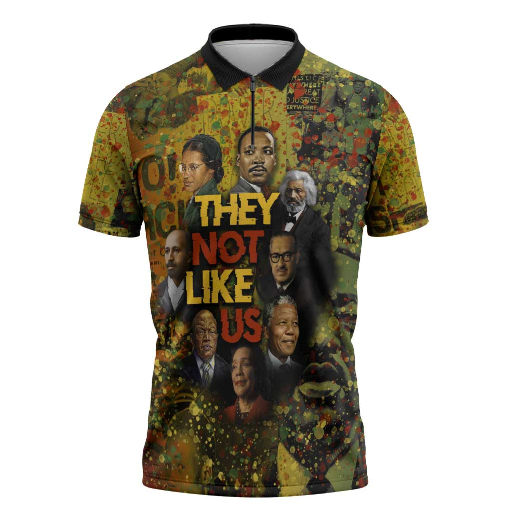 Black History Portrait Collage Zipper Polo Shirt Africa Empowering They Not Like Us Quote in Grunge Paint - Wonder Print Shop