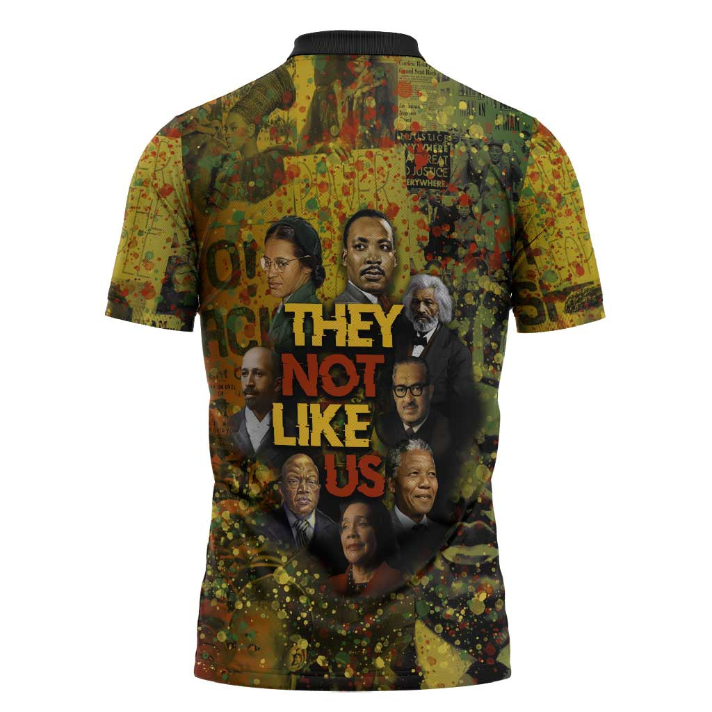 Black History Portrait Collage Zipper Polo Shirt Africa Empowering They Not Like Us Quote in Grunge Paint - Wonder Print Shop