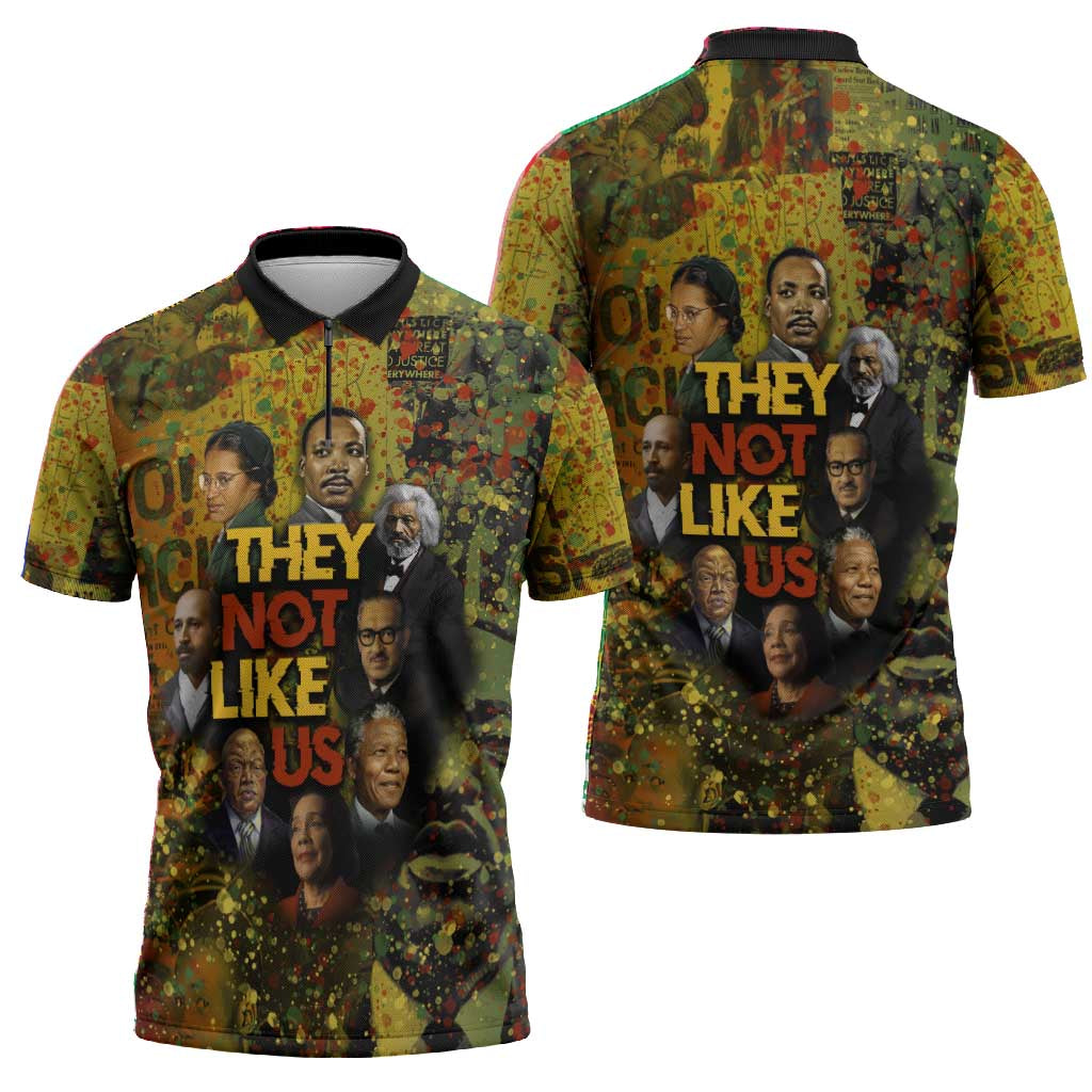 Black History Portrait Collage Zipper Polo Shirt Africa Empowering They Not Like Us Quote in Grunge Paint - Wonder Print Shop