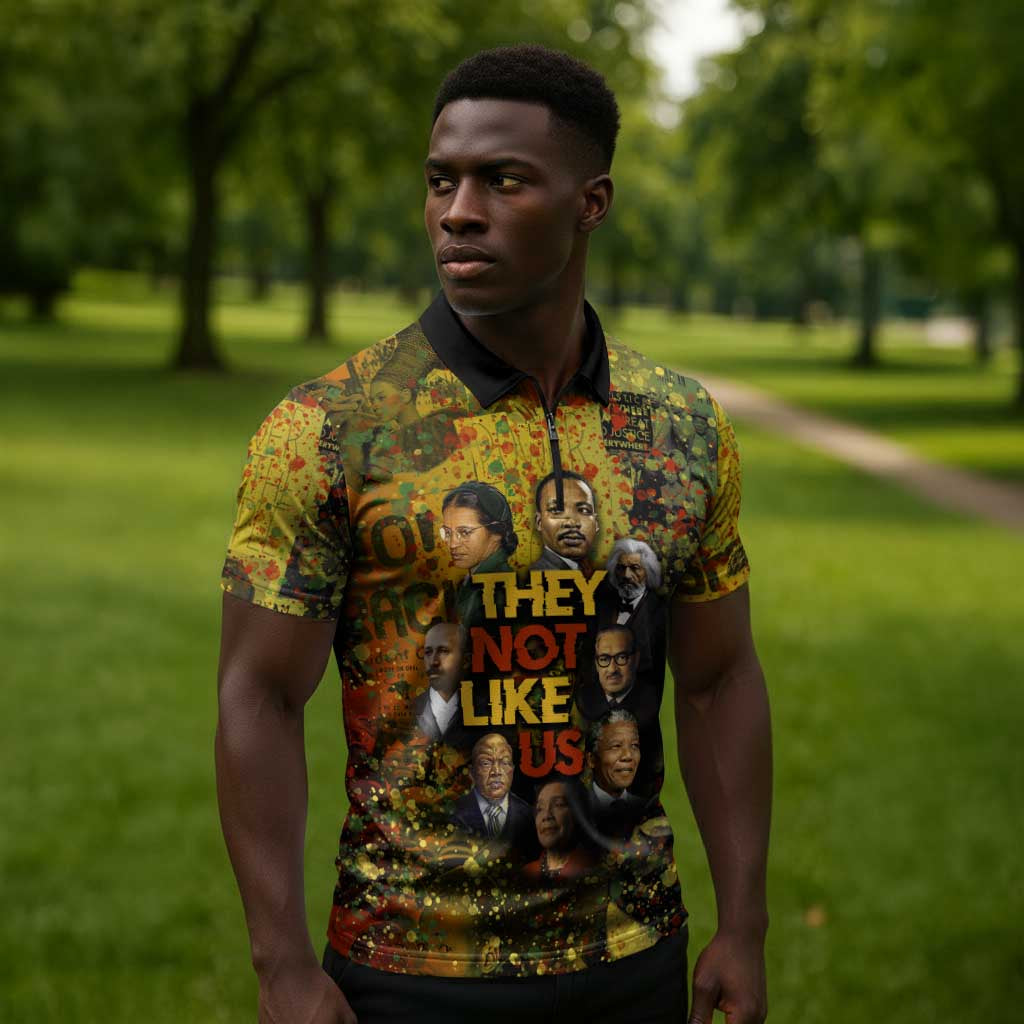 Black History Portrait Collage Zipper Polo Shirt Africa Empowering They Not Like Us Quote in Grunge Paint - Wonder Print Shop