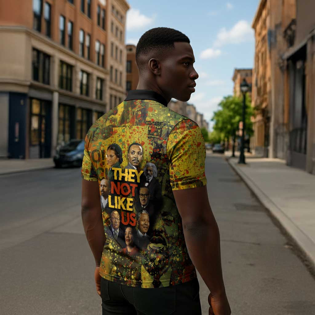 Black History Portrait Collage Zipper Polo Shirt Africa Empowering They Not Like Us Quote in Grunge Paint - Wonder Print Shop