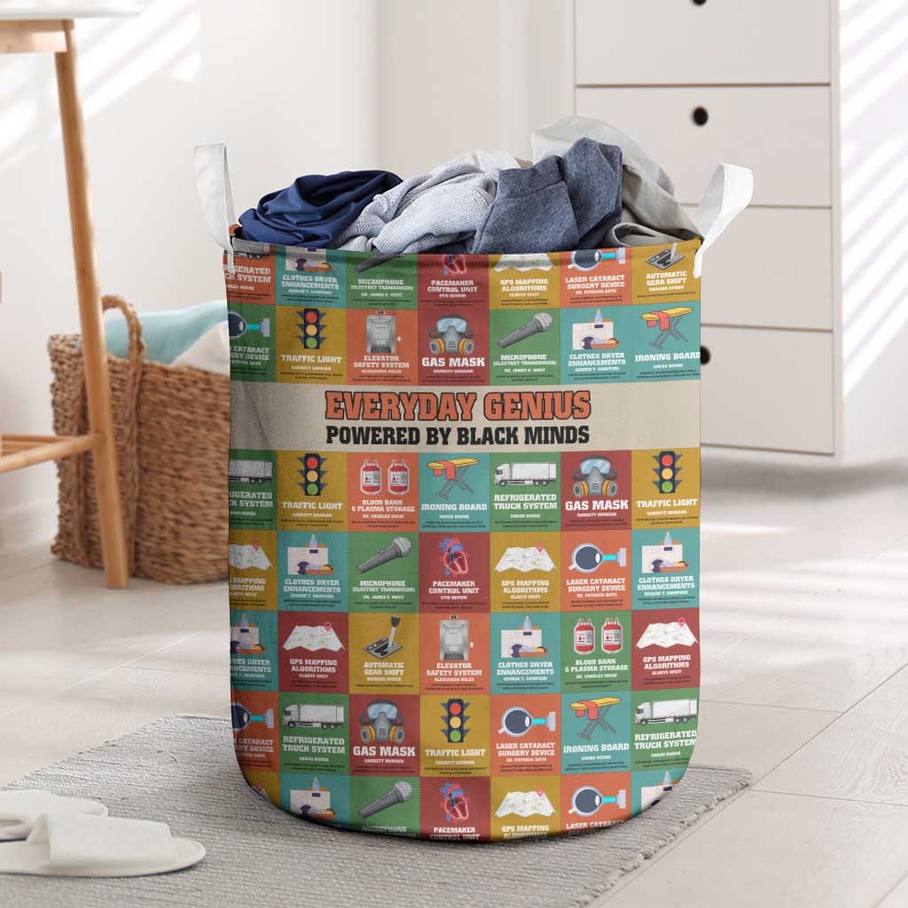 Everyday Genius Powered by Black Minds Laundry Basket with Colorful Invention Icons Pattern - Wonder Print Shop