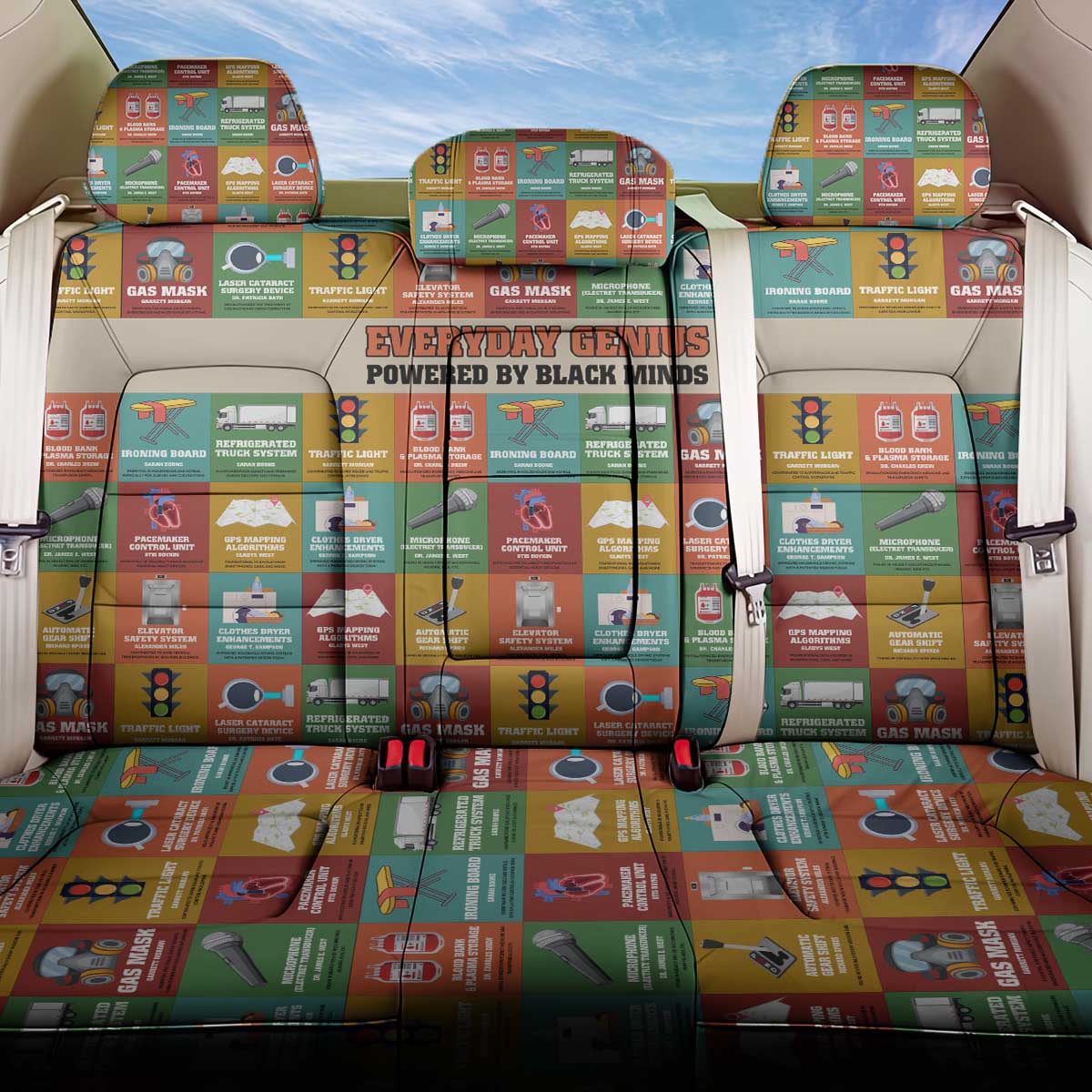 Everyday Genius Powered by Black Minds Back Car Seat Cover with Colorful Invention Icons Pattern - Wonder Print Shop