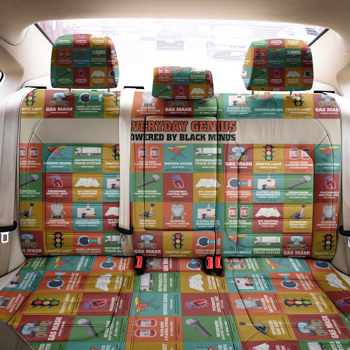 Everyday Genius Powered by Black Minds Back Car Seat Cover with Colorful Invention Icons Pattern - Wonder Print Shop