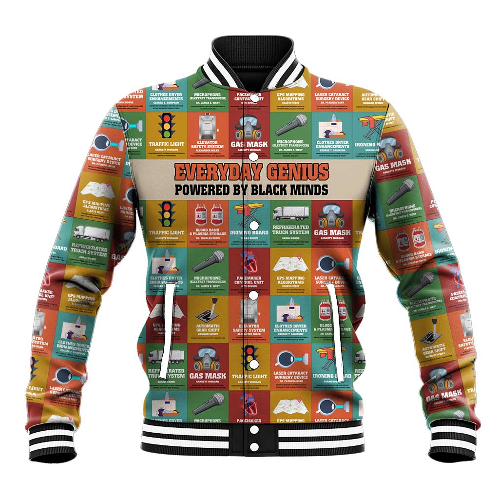 Everyday Genius Powered by Black Minds Baseball Jacket with Colorful Invention Icons Pattern - Wonder Print Shop