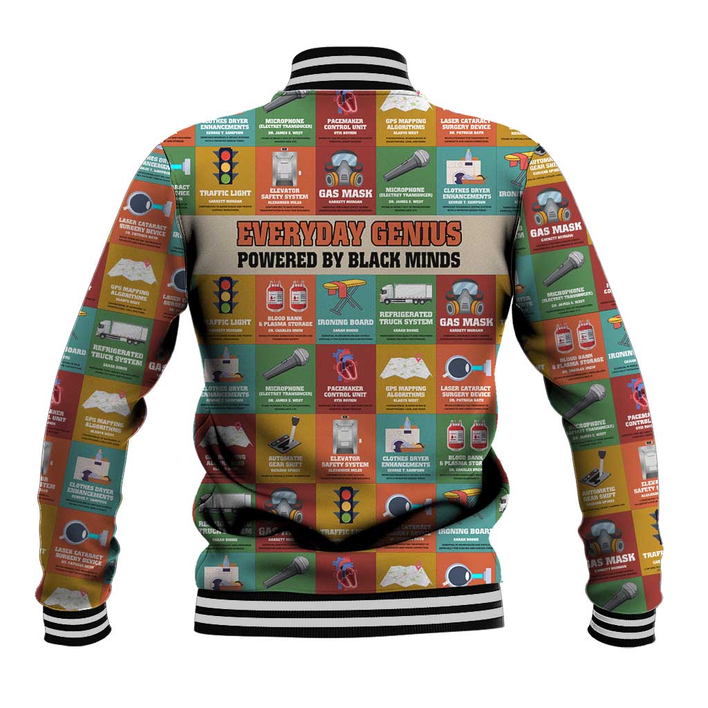 Everyday Genius Powered by Black Minds Baseball Jacket with Colorful Invention Icons Pattern - Wonder Print Shop