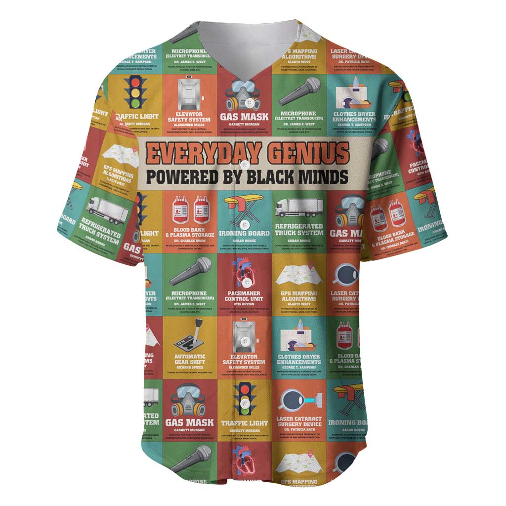 Everyday Genius Powered by Black Minds Baseball Jersey with Colorful Invention Icons Pattern - Wonder Print Shop