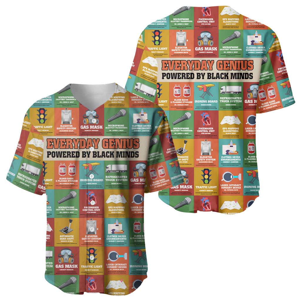 Everyday Genius Powered by Black Minds Baseball Jersey with Colorful Invention Icons Pattern - Wonder Print Shop