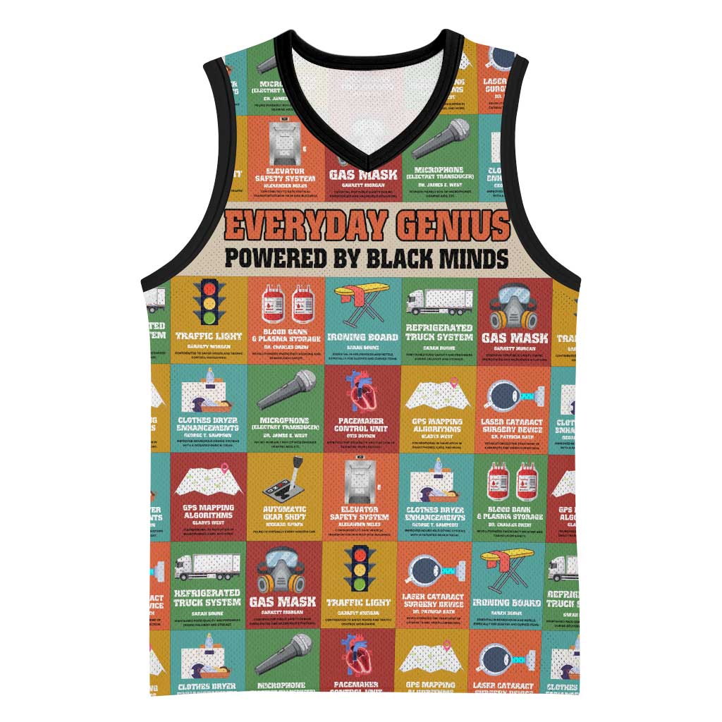 Everyday Genius Powered by Black Minds Basketball Jersey with Colorful Invention Icons Pattern - Wonder Print Shop