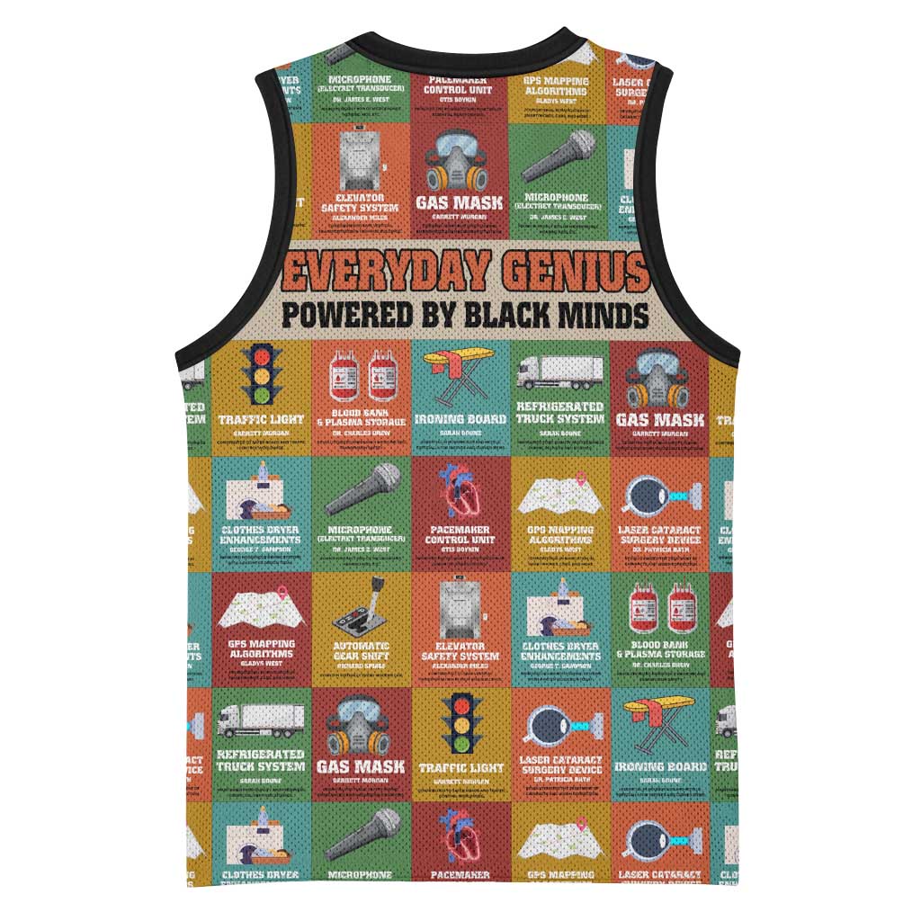 Everyday Genius Powered by Black Minds Basketball Jersey with Colorful Invention Icons Pattern - Wonder Print Shop