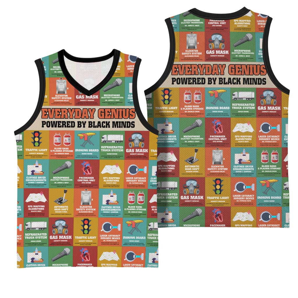 Everyday Genius Powered by Black Minds Basketball Jersey with Colorful Invention Icons Pattern - Wonder Print Shop