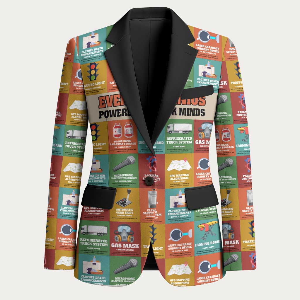 Everyday Genius Powered by Black Minds Blazer with Colorful Invention Icons Pattern - Wonder Print Shop