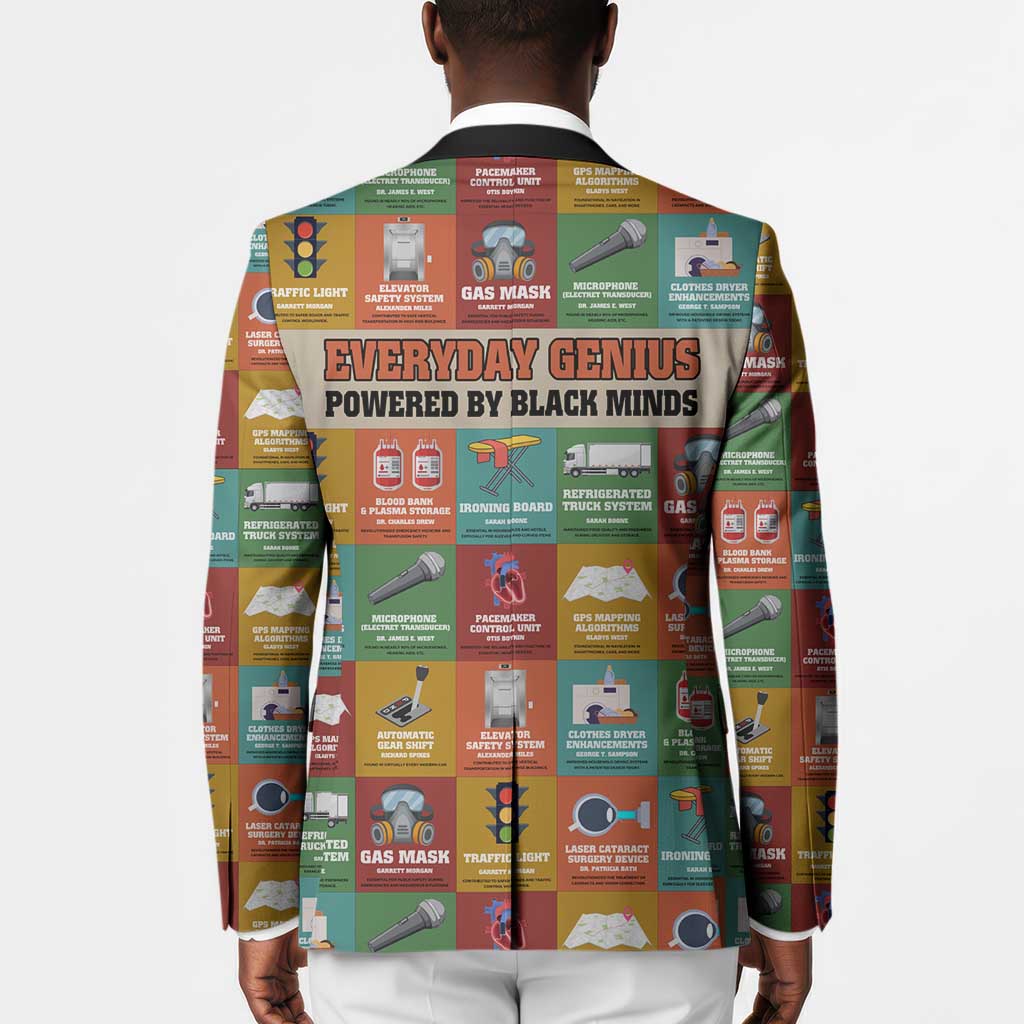 Everyday Genius Powered by Black Minds Blazer with Colorful Invention Icons Pattern - Wonder Print Shop
