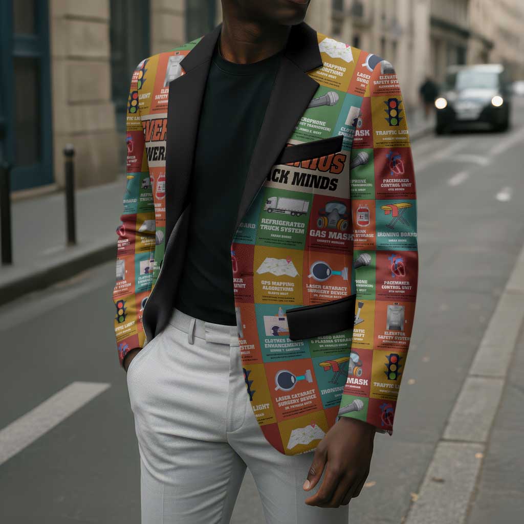 Everyday Genius Powered by Black Minds Blazer with Colorful Invention Icons Pattern - Wonder Print Shop