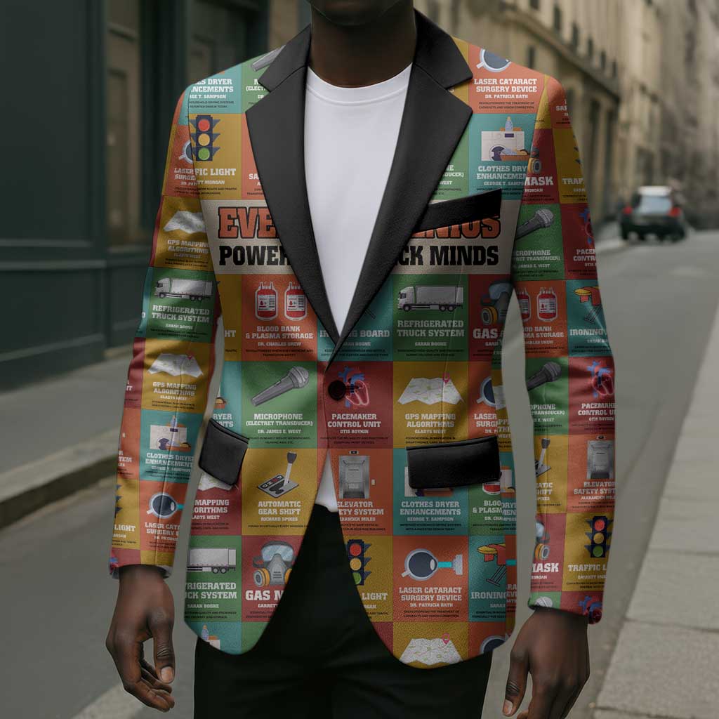 Everyday Genius Powered by Black Minds Blazer with Colorful Invention Icons Pattern - Wonder Print Shop