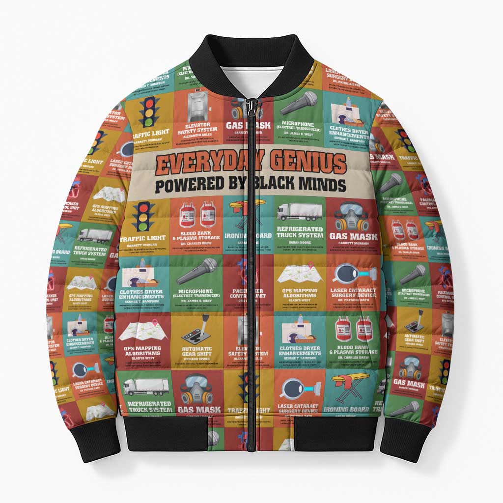 Everyday Genius Powered by Black Minds Bomber Puffer Jacket with Colorful Invention Icons Pattern - Wonder Print Shop