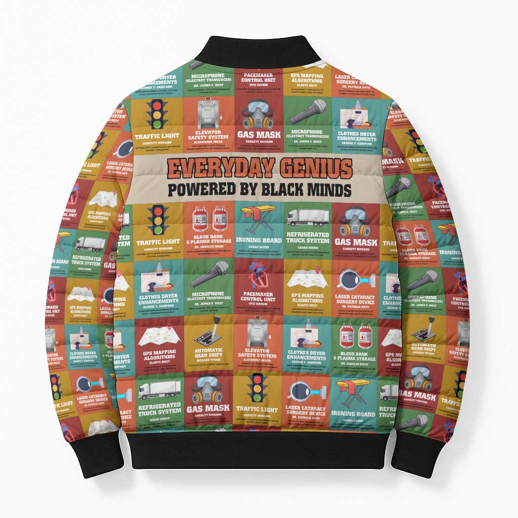 Everyday Genius Powered by Black Minds Bomber Puffer Jacket with Colorful Invention Icons Pattern - Wonder Print Shop