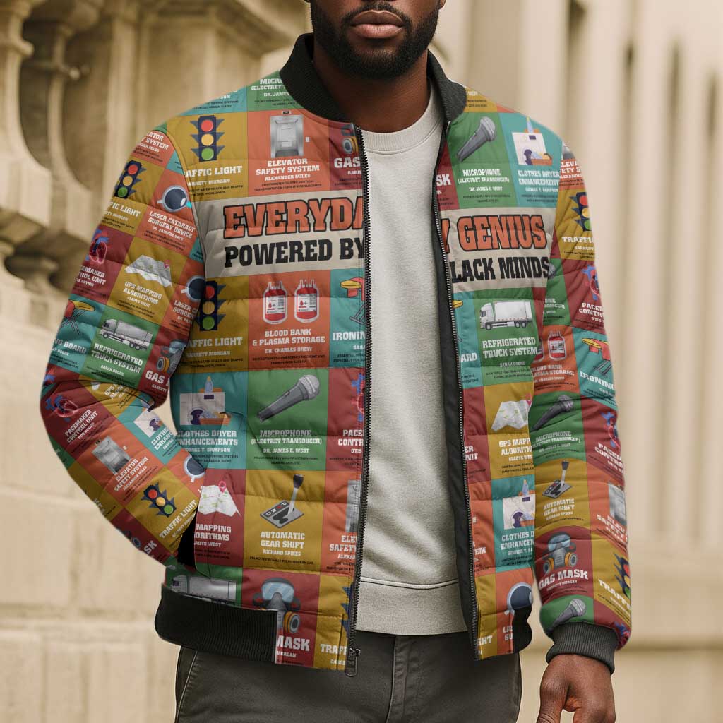 Everyday Genius Powered by Black Minds Bomber Puffer Jacket with Colorful Invention Icons Pattern - Wonder Print Shop