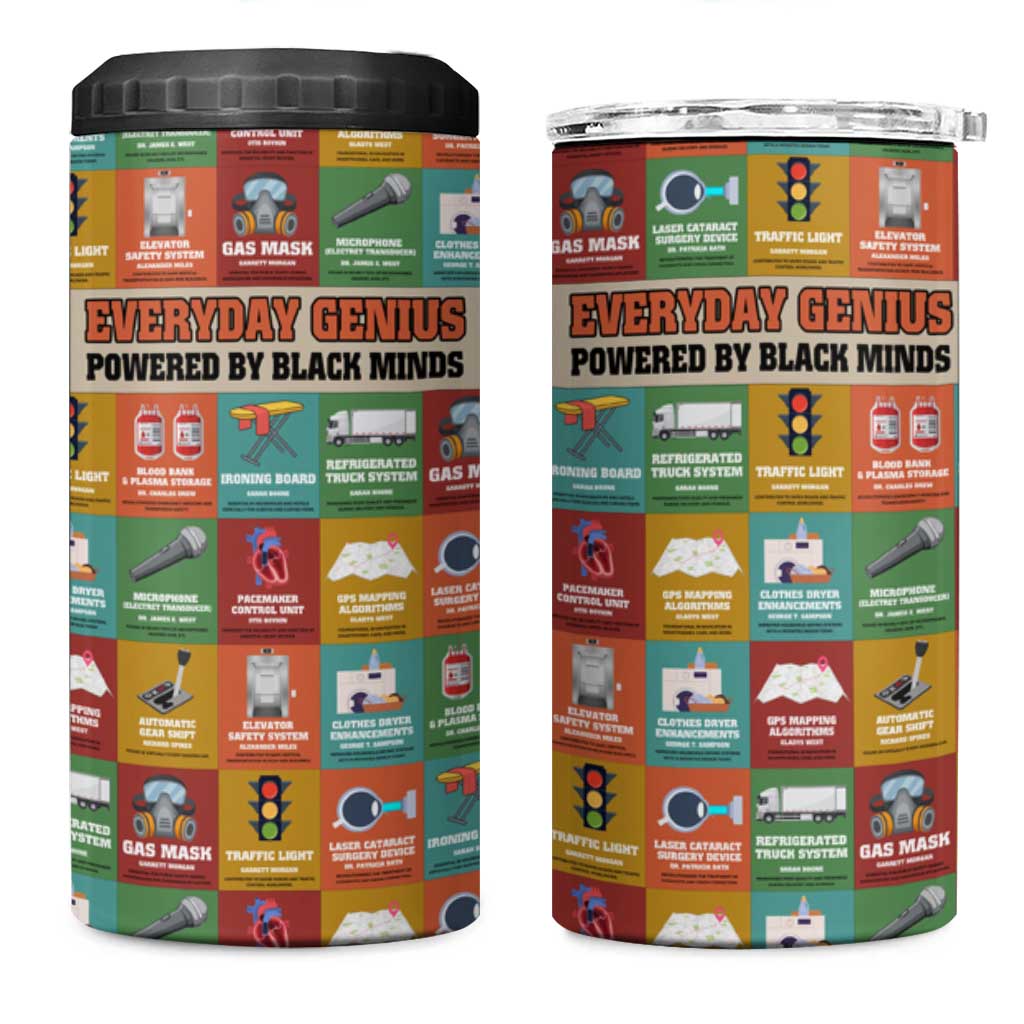 Everyday Genius Powered by Black Minds 4 in 1 Can Cooler Tumbler with Colorful Invention Icons Pattern - Wonder Print Shop