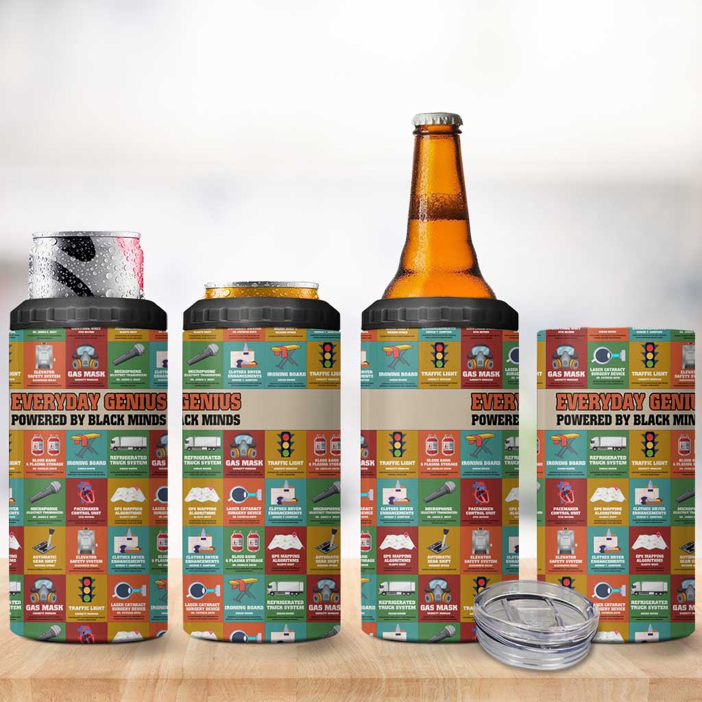 Everyday Genius Powered by Black Minds 4 in 1 Can Cooler Tumbler with Colorful Invention Icons Pattern - Wonder Print Shop