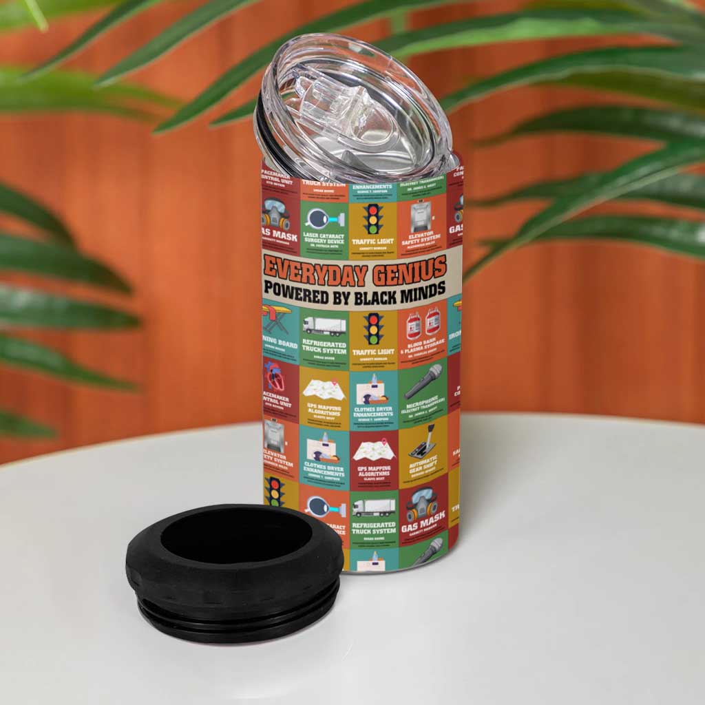 Everyday Genius Powered by Black Minds 4 in 1 Can Cooler Tumbler with Colorful Invention Icons Pattern - Wonder Print Shop