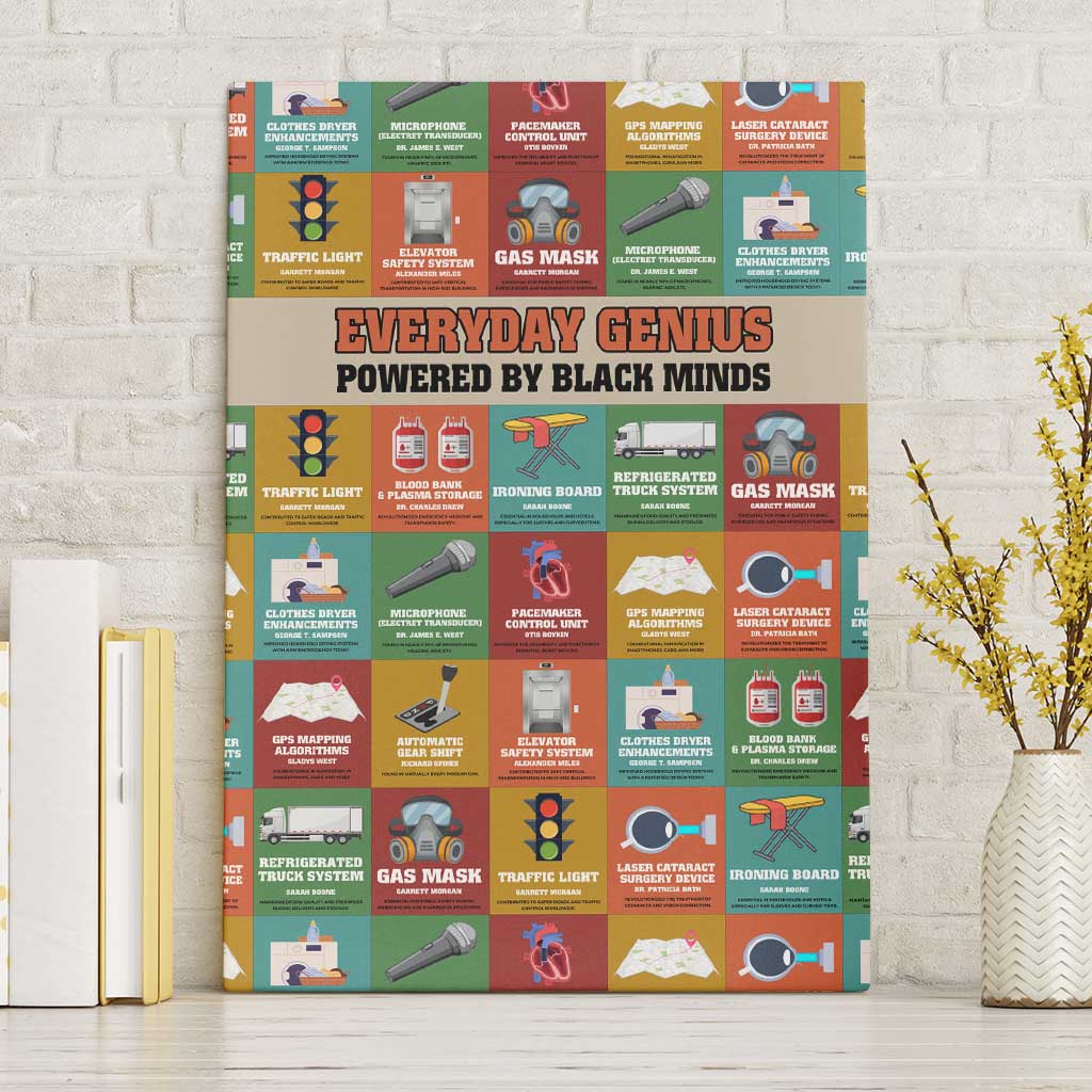 Everyday Genius Powered by Black Minds Canvas Wall Art with Colorful Invention Icons Pattern - Wonder Print Shop
