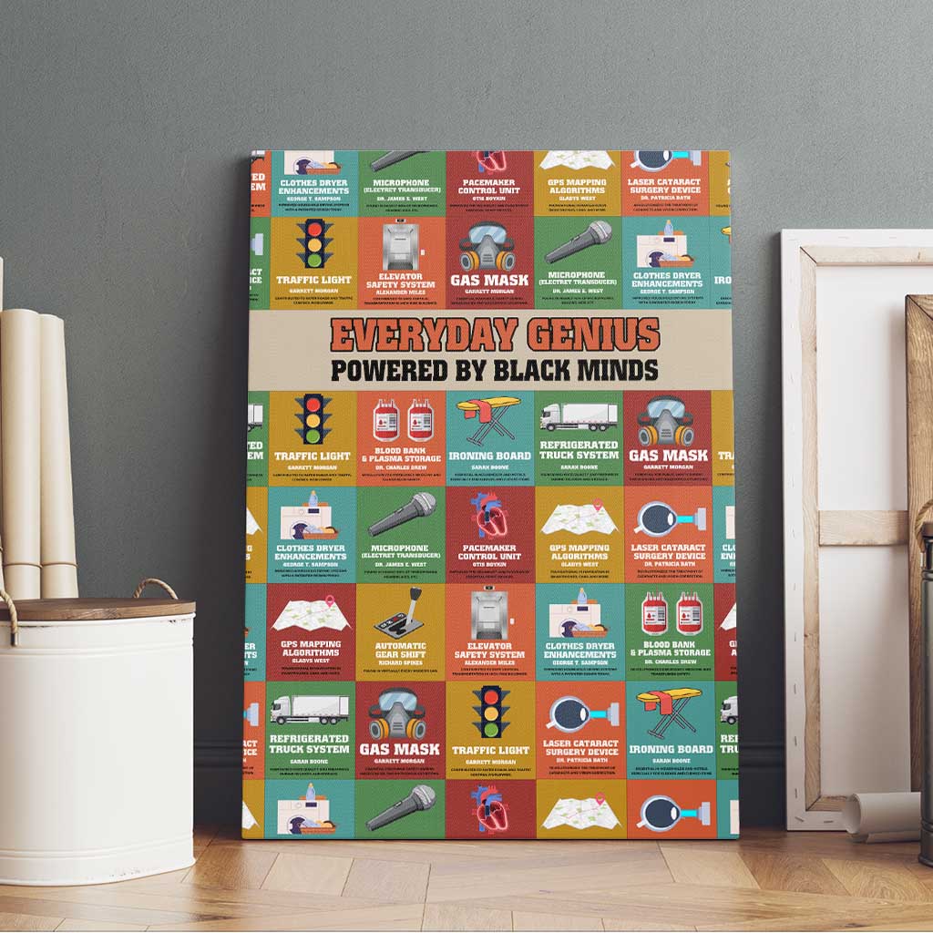 Everyday Genius Powered by Black Minds Canvas Wall Art with Colorful Invention Icons Pattern - Wonder Print Shop