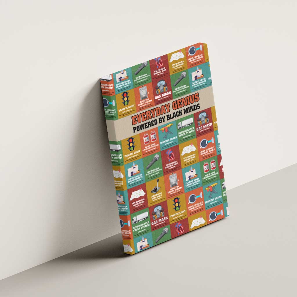 Everyday Genius Powered by Black Minds Canvas Wall Art with Colorful Invention Icons Pattern - Wonder Print Shop