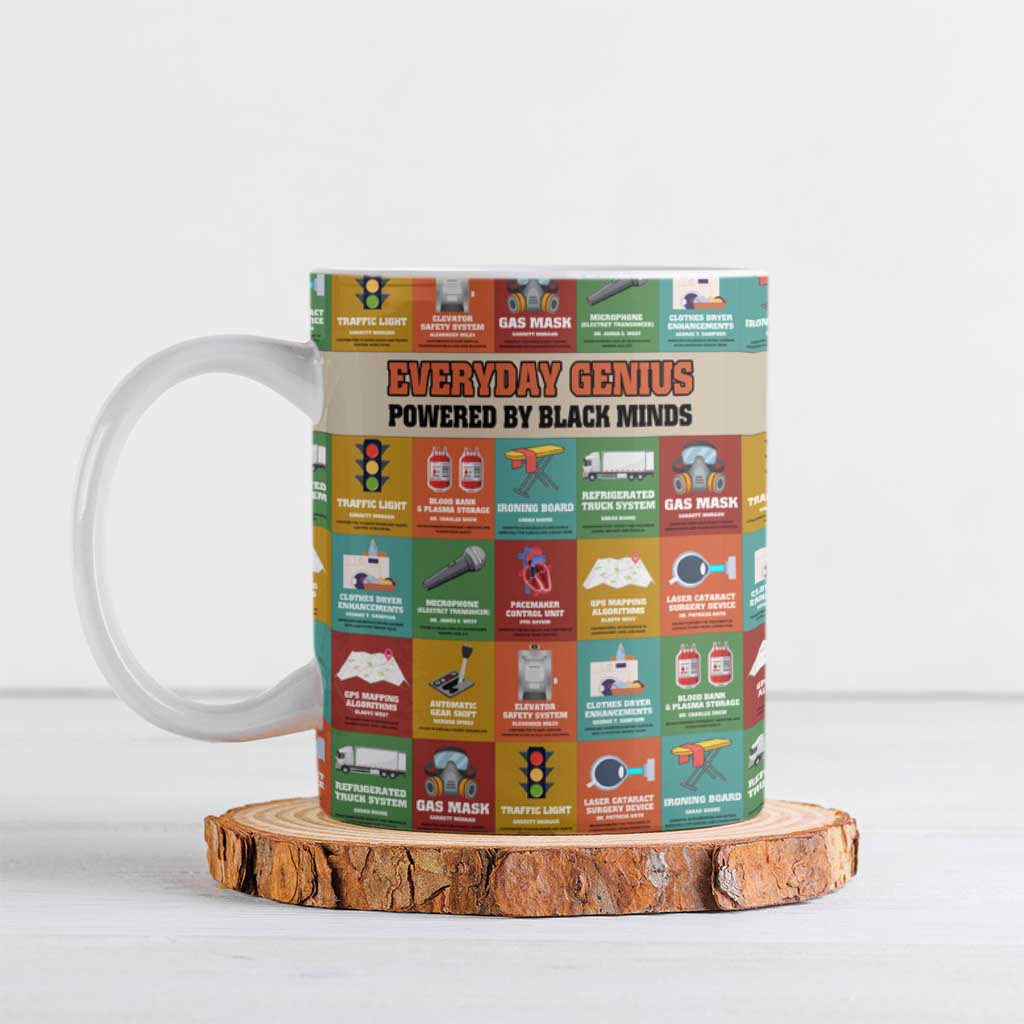 Everyday Genius Powered by Black Minds Ceramic Mug with Colorful Invention Icons Pattern - Wonder Print Shop