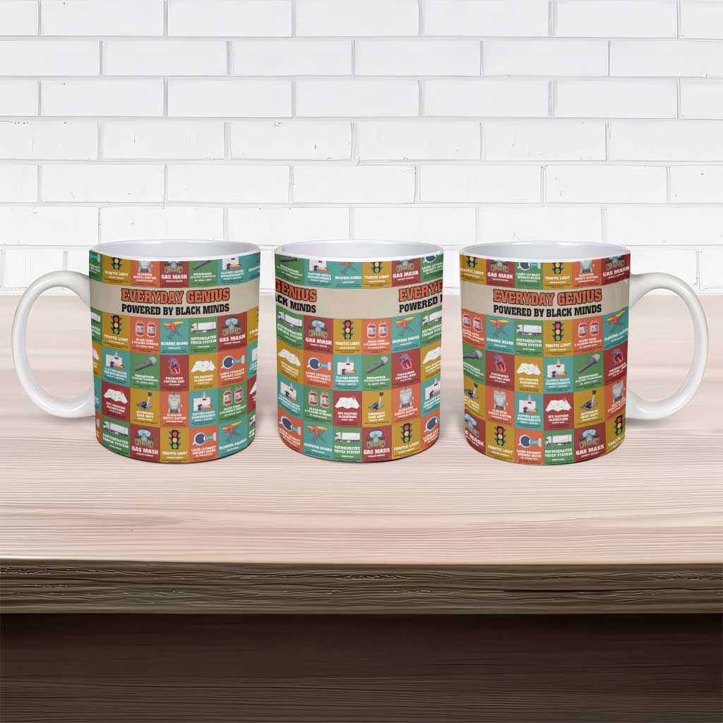 Everyday Genius Powered by Black Minds Ceramic Mug with Colorful Invention Icons Pattern - Wonder Print Shop