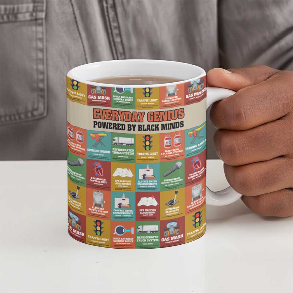Everyday Genius Powered by Black Minds Ceramic Mug with Colorful Invention Icons Pattern - Wonder Print Shop
