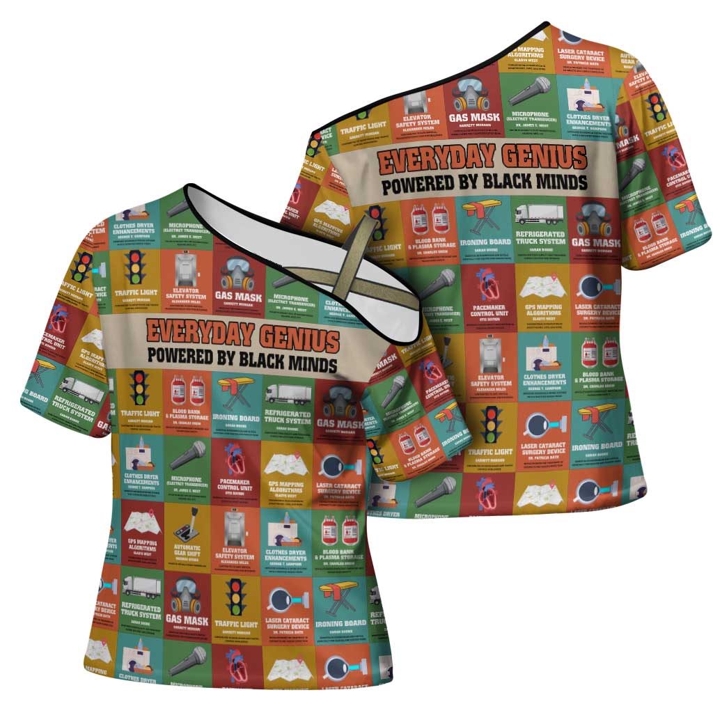 Everyday Genius Powered by Black Minds Cross Shoulder Shirt with Colorful Invention Icons Pattern - Wonder Print Shop