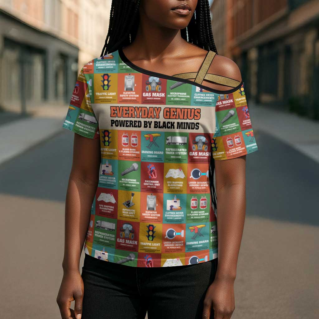 Everyday Genius Powered by Black Minds Cross Shoulder Shirt with Colorful Invention Icons Pattern - Wonder Print Shop