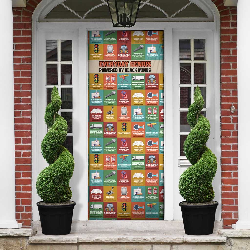Everyday Genius Powered by Black Minds Door Cover with Colorful Invention Icons Pattern - Wonder Print Shop