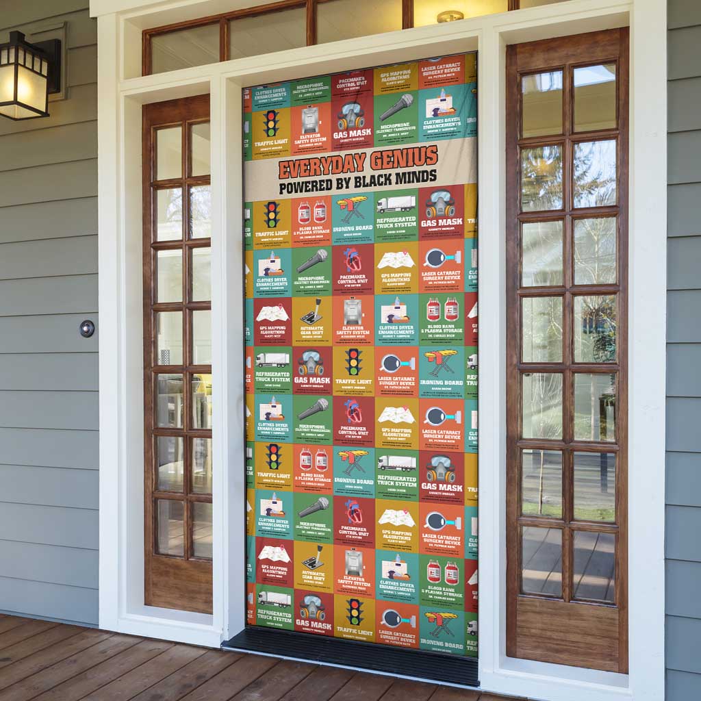 Everyday Genius Powered by Black Minds Door Cover with Colorful Invention Icons Pattern - Wonder Print Shop