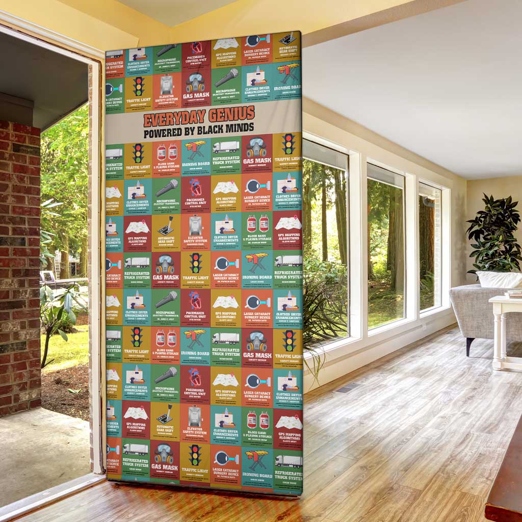 Everyday Genius Powered by Black Minds Door Cover with Colorful Invention Icons Pattern - Wonder Print Shop