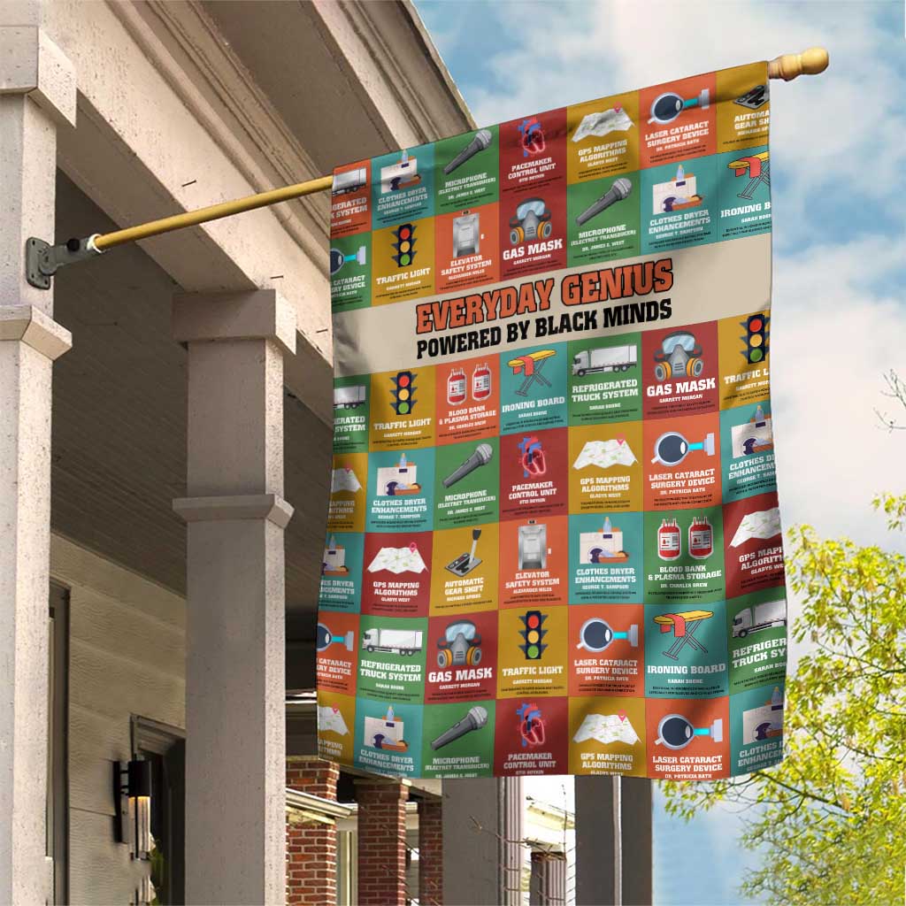 Everyday Genius Powered by Black Minds Garden Flag with Colorful Invention Icons Pattern - Wonder Print Shop